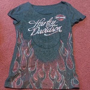Harley-Davidson women’s Charcoal T-Shirt with Red Flame Accents